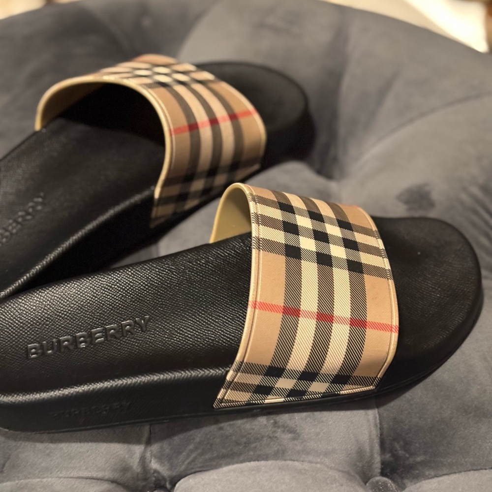 Burberry Black and Tan Plaid Slides